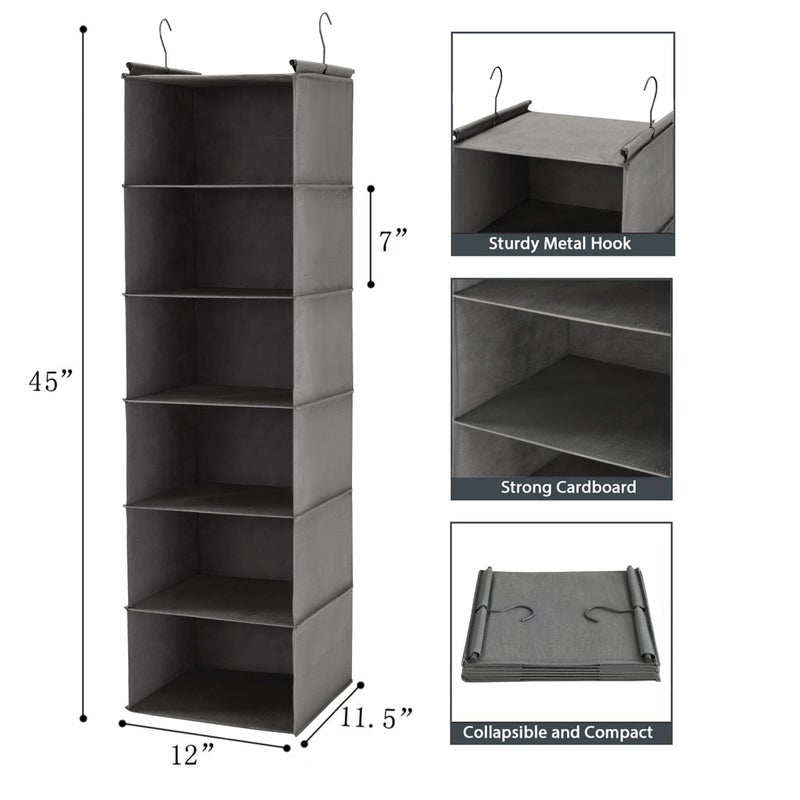 MAX Houser 6 Tier Shelf Hanging Closet Organizer, Closet Hanging Shelf with 2 Sturdy Hooks for Storage, Foldable (Grey) - Image 3